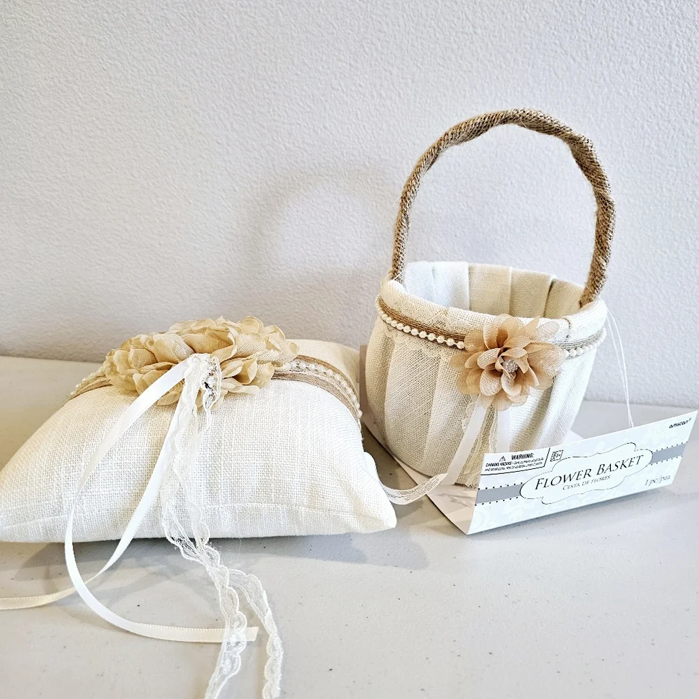 Wedding Flower Girl Basket and Ring Bearer Pillow Rustic